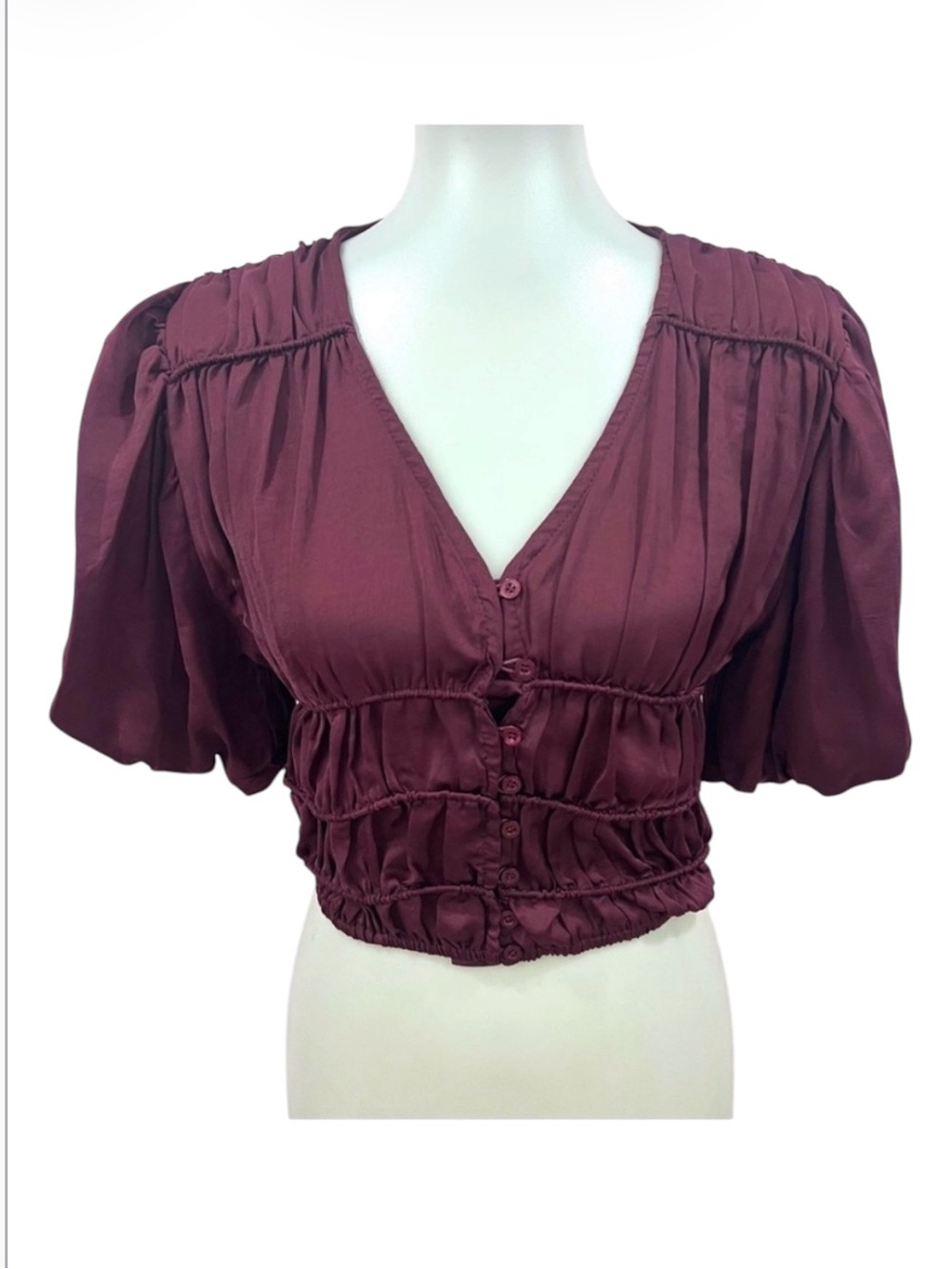 Bishop + Young Burgundy Claret Silk Puff Sleeve Maya Crop Top Blouse